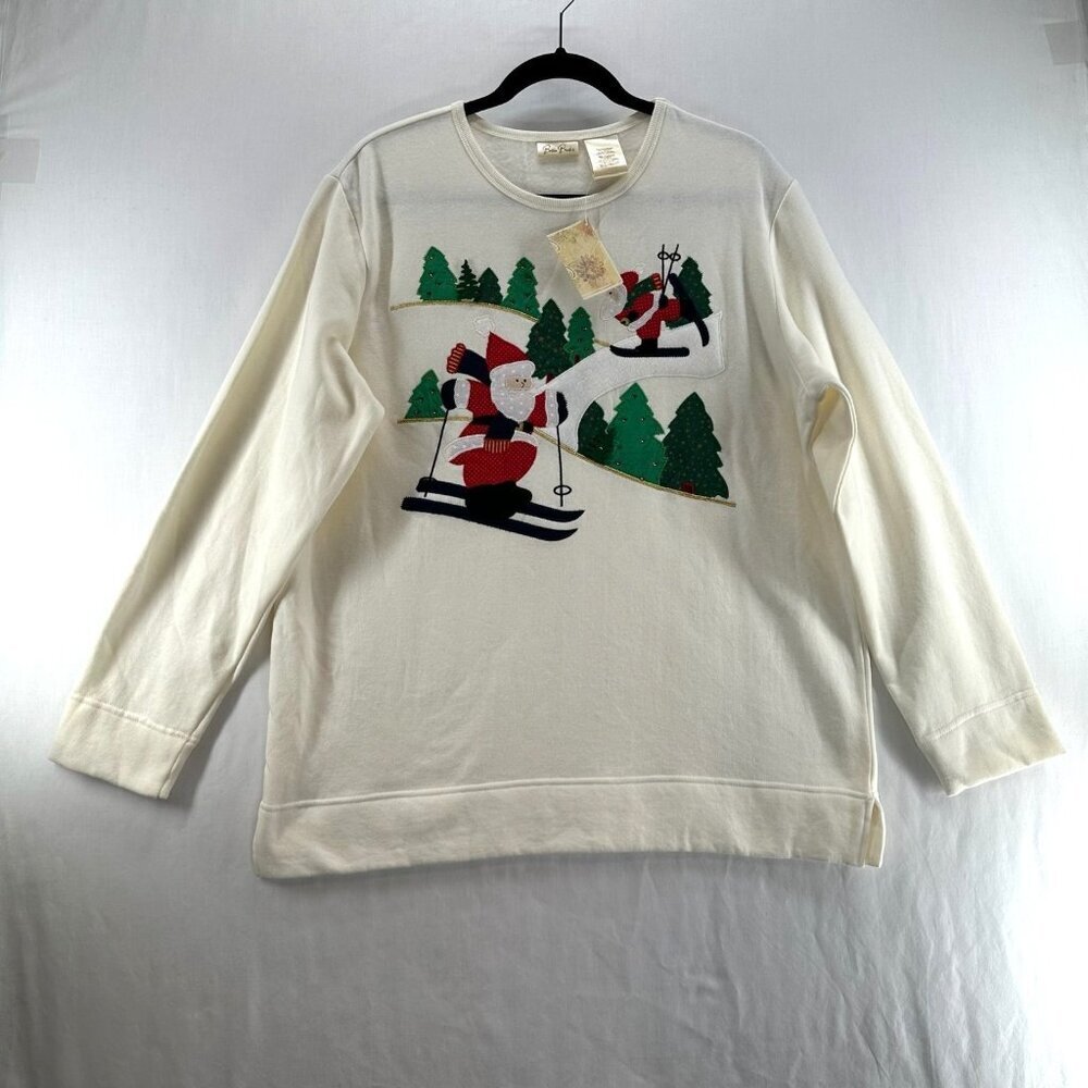 Bobbie Brooks Holiday Sweater L Christmas Tree Santa Embroidered Pullover Ivory